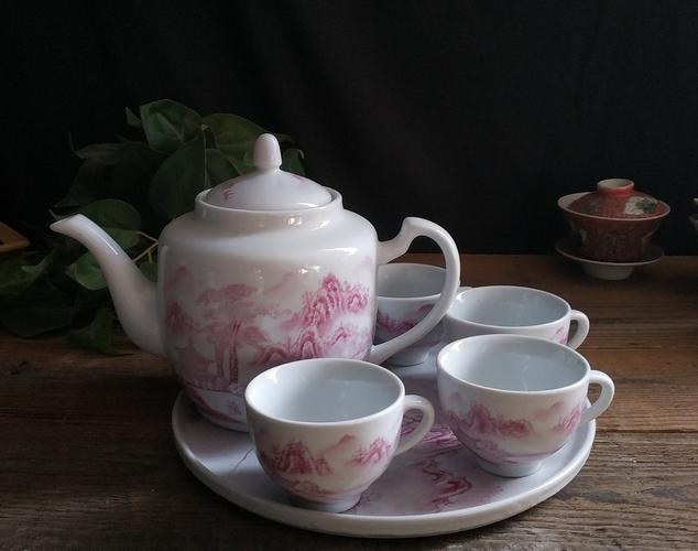 景德镇老厂文革手工瓷器手绘粉彩玛瑙红山山水整套茶具